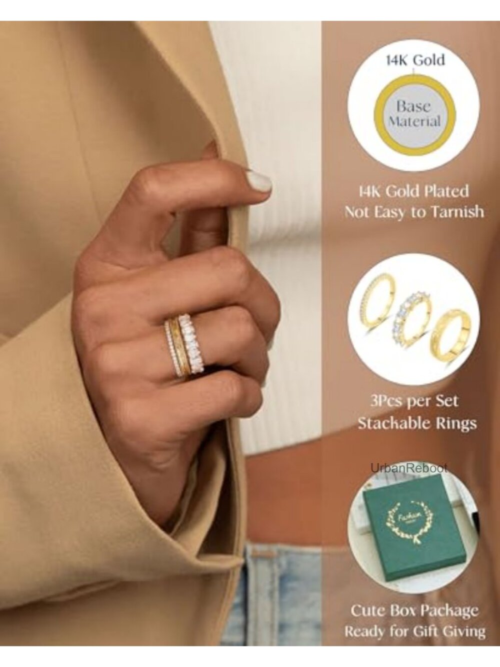 14K Gold Plated Stackable Rings Set Cubic Zirconia 3pc - Picture 2 of 6